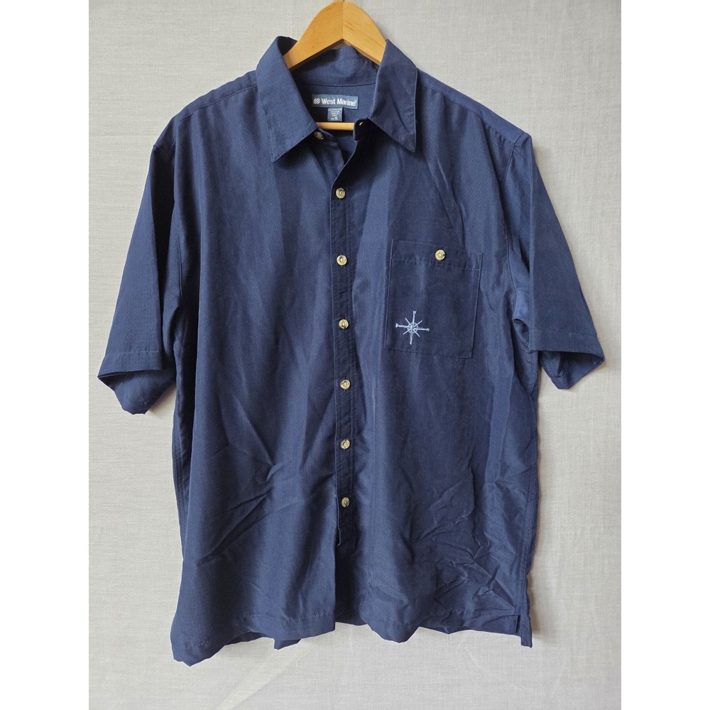West Marine Button Down Shirt Mens XL Blue Embroidered Sailboat Nautical New